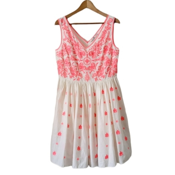 Boden Embroidered Sleeveless Dress Neon Pink and Cream/White US 10R - Picture 2 of 13